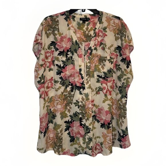 Torrid Tops - Torrid Women’s Georgette Pink Floral Zip Front Cap Sleeve Blouse Top Sz 1X